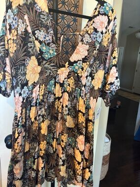 O'Neill Black Mini Dress with Yellow, Peach & Teal Floral Print